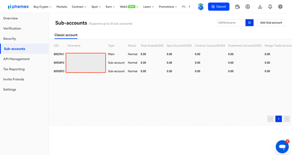 phemex sub accounts