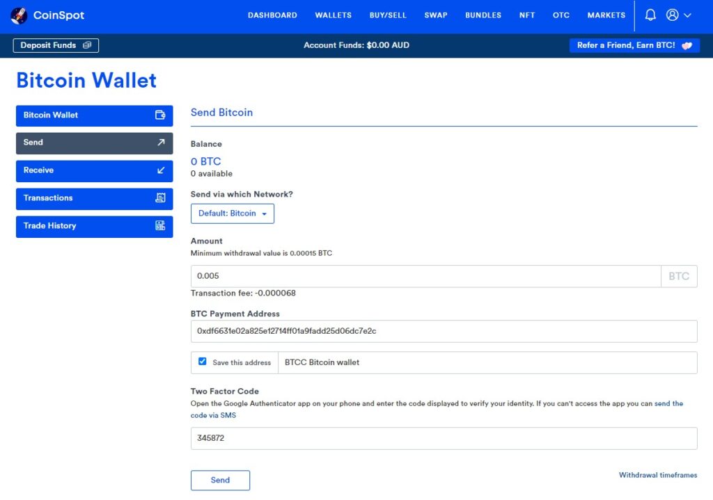 coinspot entering a btc withdrawal